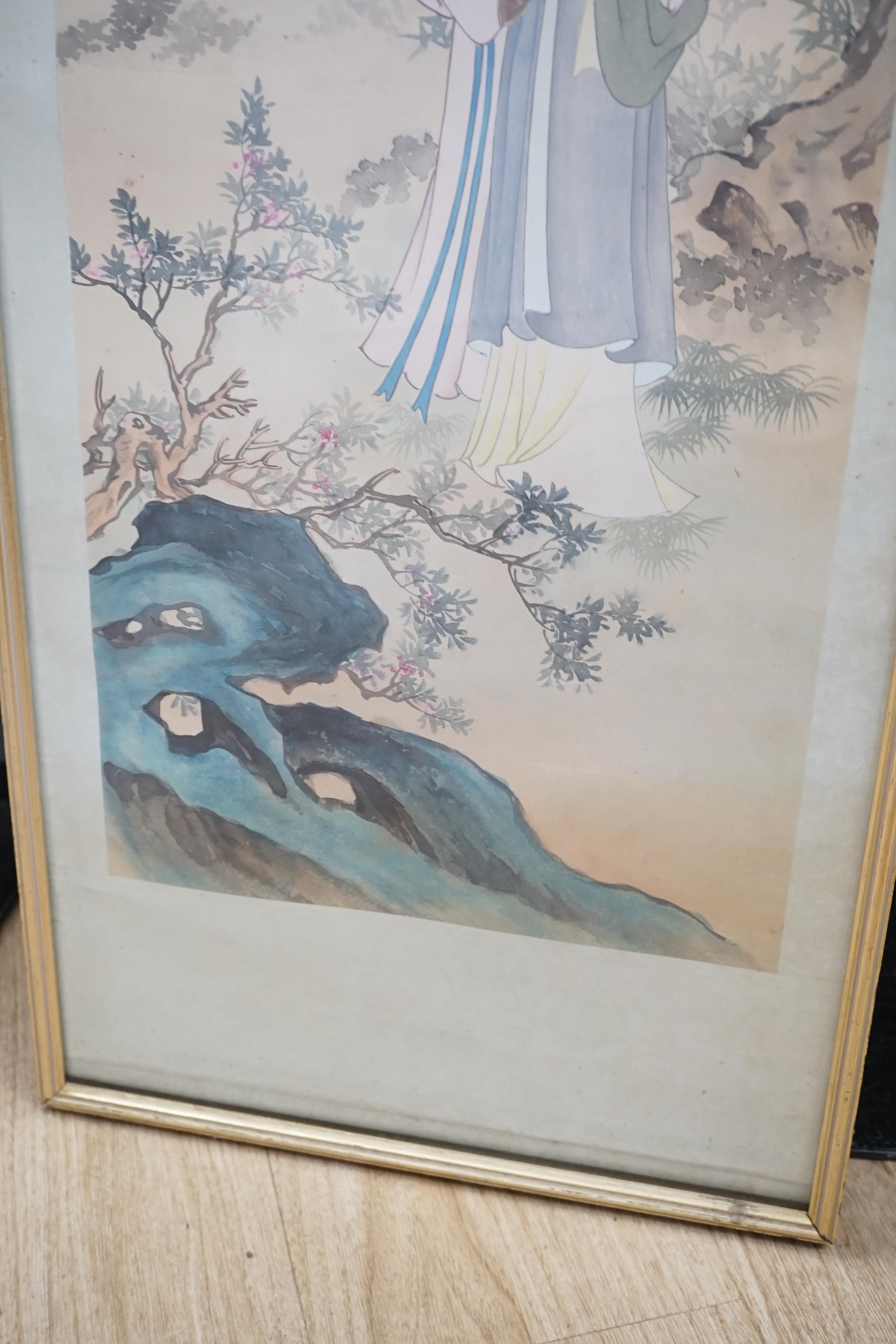 Japanese School, watercolour on silk, Women in a garden, 104 x 28cm